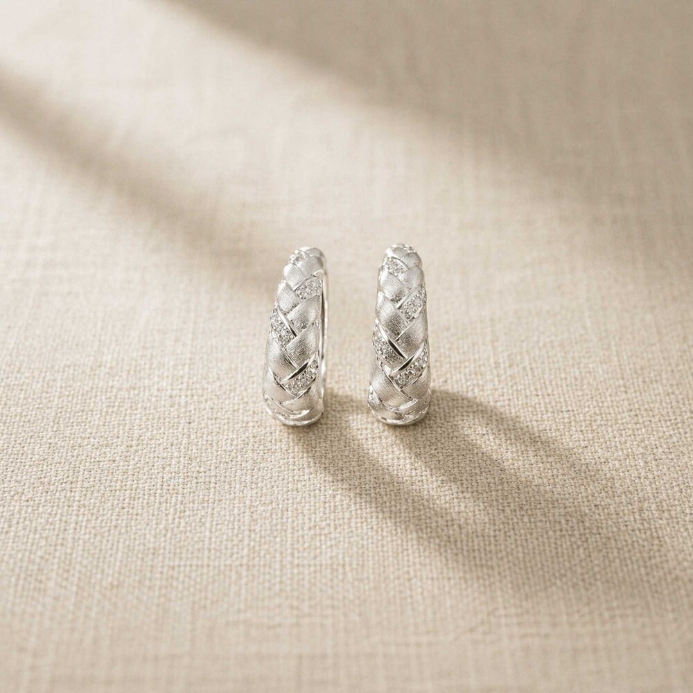 Museori Sterling Silver Braided Huggie Earrings Chunky Pavé Pair
